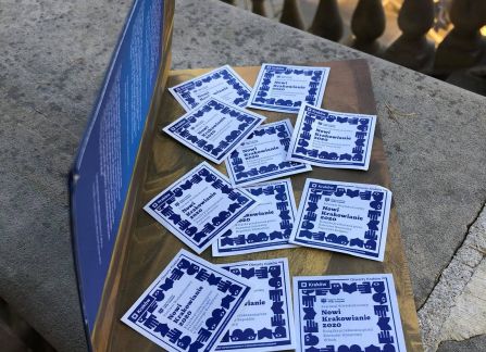 a photograph. leaflets promoting the multicultural festival lying on a stone balustrade of the stairs on front of villa decius.